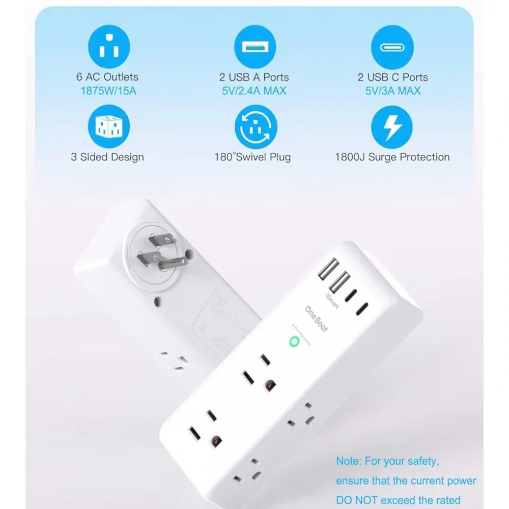 Surge protector outlet Extender with rotating Plug, 6 Ac Multi plug